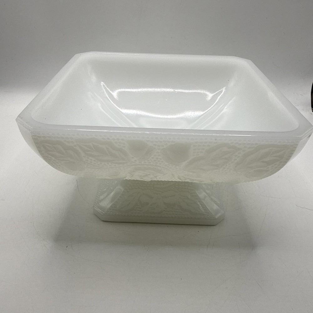Vintage Jeanette Milk Glass Square Pedestal Candy Dish Acorn & Leaf Pattern - Picture 9 of 9